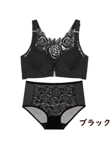 【ブラック】サンマル 人気のフロントホックブラ 薔薇の刺繍が美しいノンワイヤー ブラセット 下着 上下セット