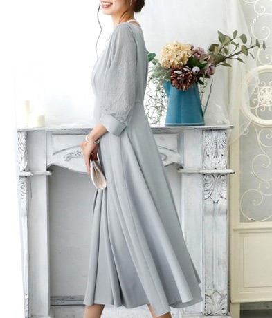 結婚式ワンピースドレス袖ありとロングタックデザイン大きいサイズフォーマル