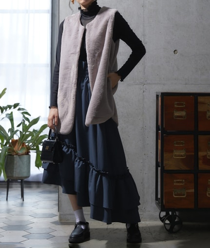 ぽっちゃりさんの冬コーデ ロング丈フェイクファーベスト
