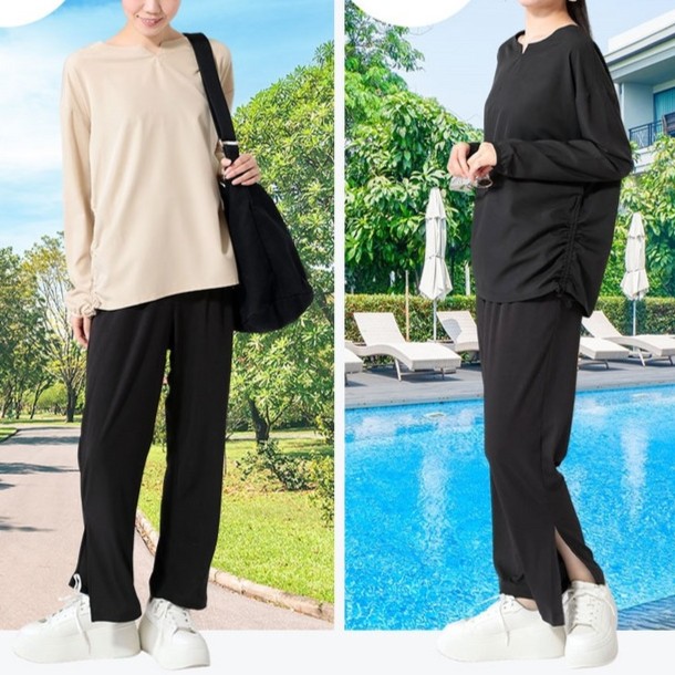 お肌を守りながら行きかえりもそのまま着られる大きいサイズのラッシュガード×レギンスセット