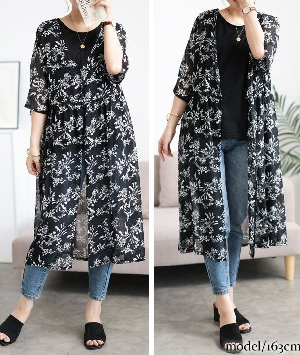 ぽっちゃりさんのロング丈カーディガンは「華やかプリント」で軽やかな抜け感を演出