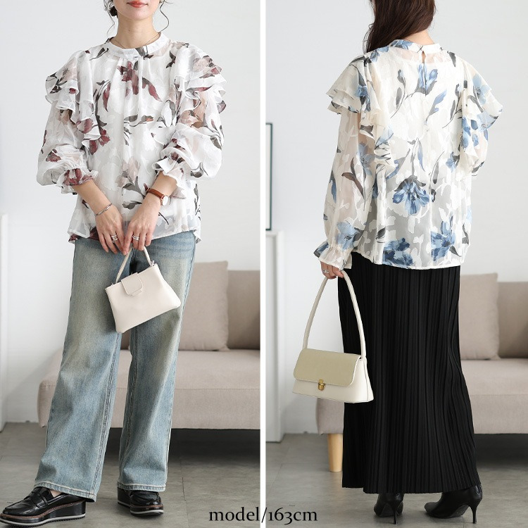 ロマンティックな花柄チュニックならパンツにもスカートにもぴったり！ぽっちゃり春コーデ　40代・50代