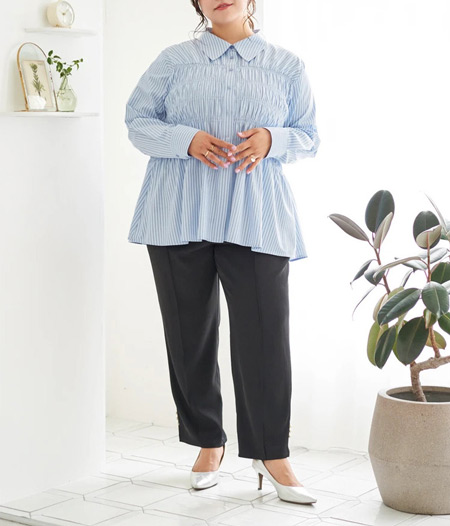 縦ラインですっきり！ストライプのシャツチュニックコーデ　ぽっちゃり春コーデ　40代・50代