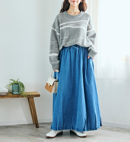 30代ぽっちゃりさん向けデニムスカートコーデ|大人カジュアル×きれいめミックス