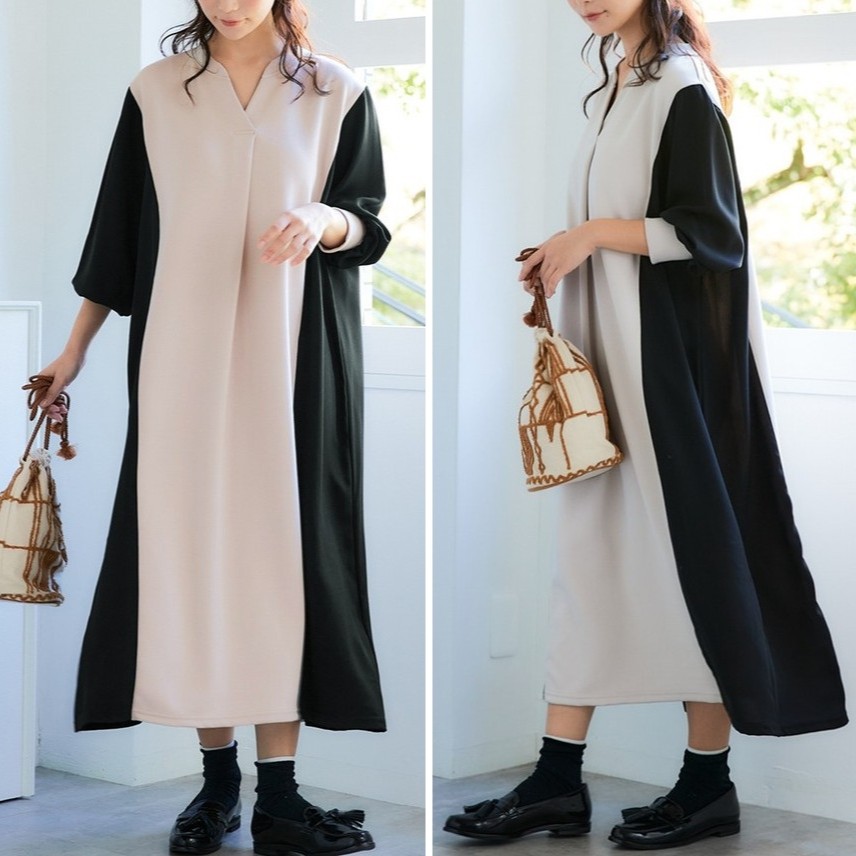 こなれ感で差をつける！異素材MIX＆バイカラーのVネックワンピース