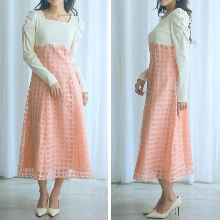 ハイウエストで脚長効果抜群！ふんわり揺れる春のドッキングワンピース