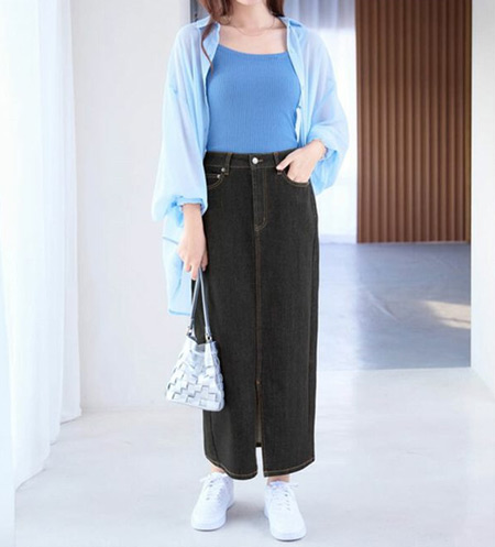 30代ぽっちゃりさん向けデニムスカートコーデ|大人カジュアル×きれいめミックス