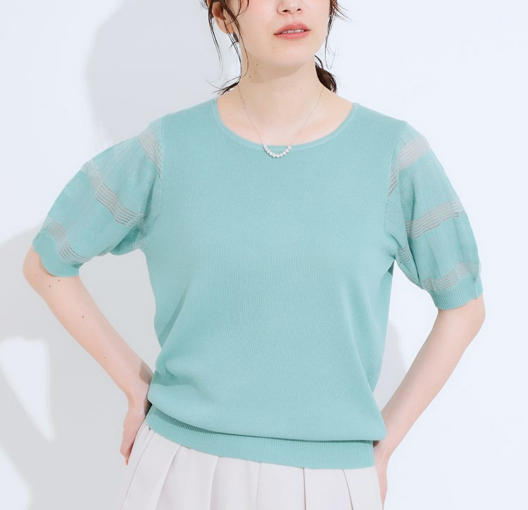 見た目に「涼しげ」「垢抜け」「大人可愛い」が叶う色合わせ　【S-LL】大人上品な お袖シアー切り替えニット