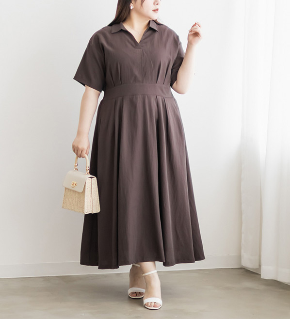 骨格ストレートさん向けフェミニンワンピース　ウエストタックスキッパーワンピース