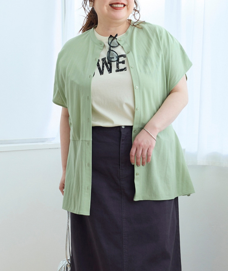 ぽっちゃり女子が取り入れやすいカラーリング　美ラクRUタッチフレンチスリーブペプラムバンドカラーチュニック