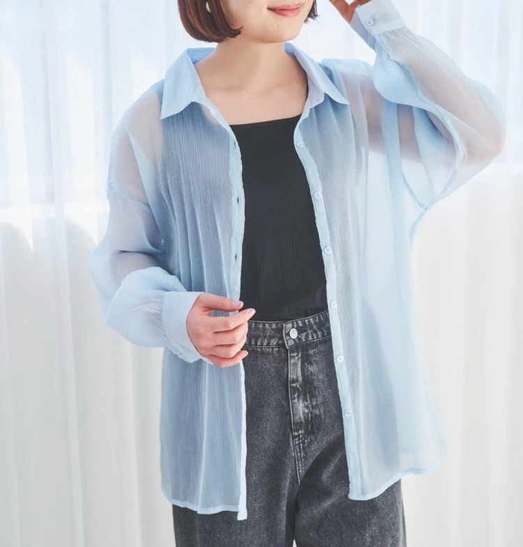 [SET]ラメ楊柳シアーシャツ×タンクトップを使った苦しく見えない暑い日の重ね着ぽっちゃりコーディネート