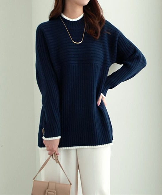 洗えるリブ切替配色ニットプルオーバー