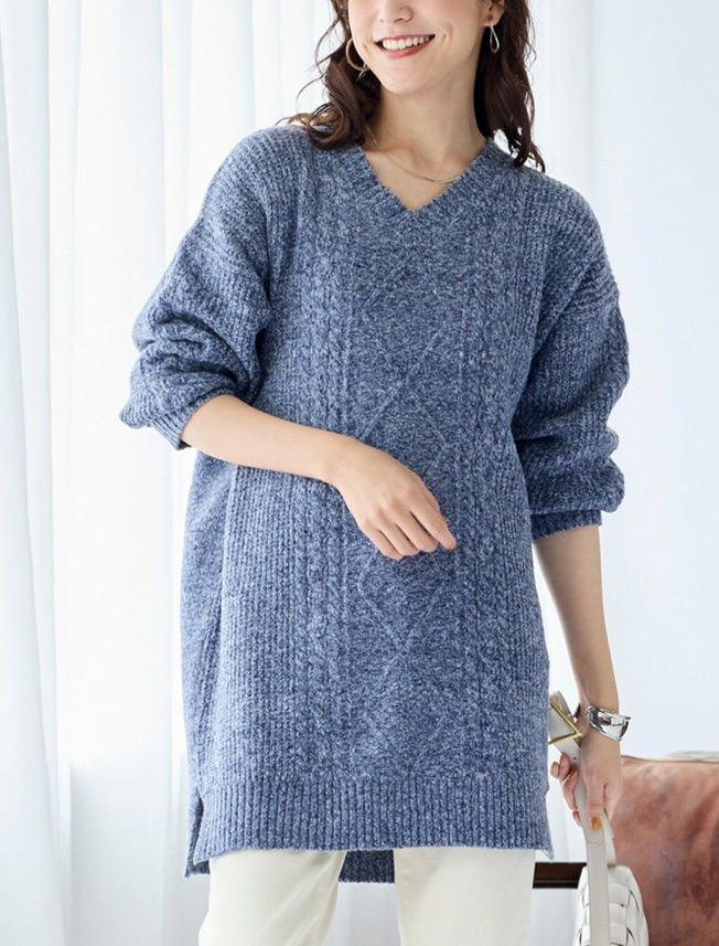 静電気が起きにくい洗濯機で洗えるケーブル編ニットチュニック