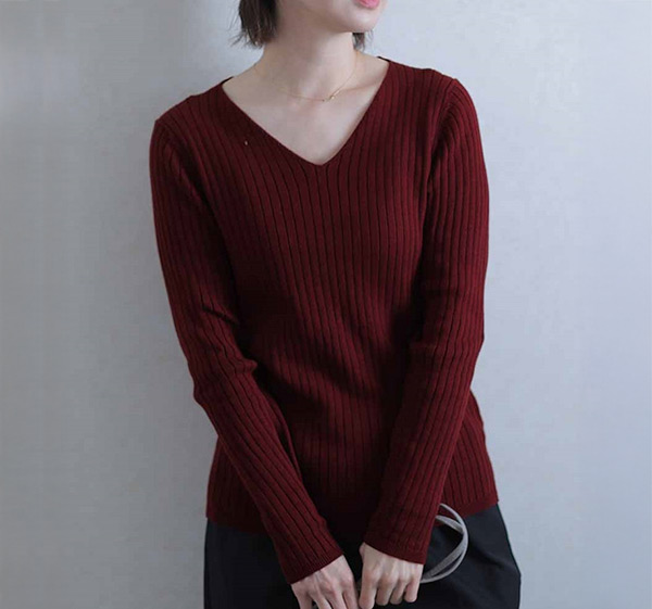 Vネックリブニット